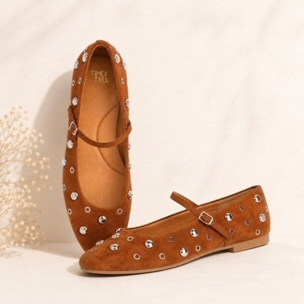 Studded Mary Jane Flats Cognac Brown Size 8 Boho Festival Back to School New NWT